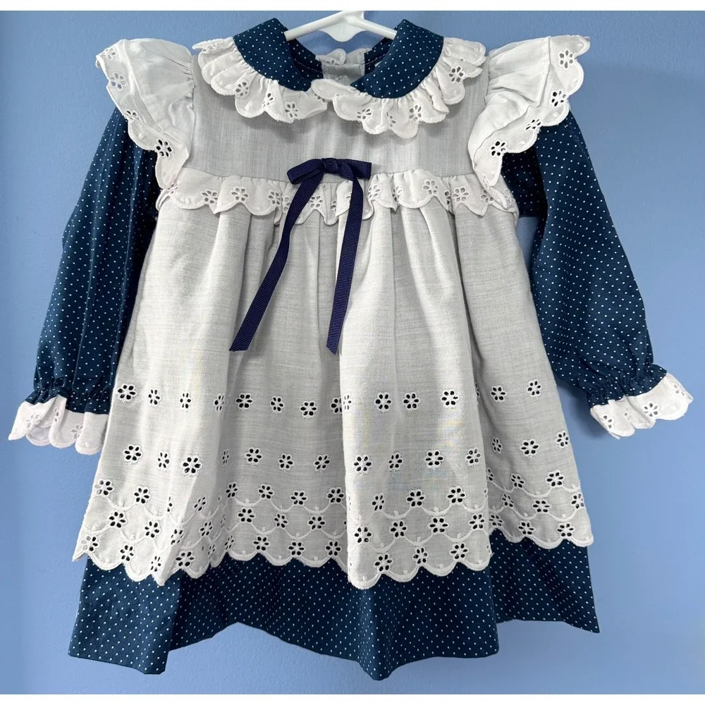 Vintage Alexis Girls Navy Blue Polka Dot Eyelet Lace Dress 18 Months Made in USA